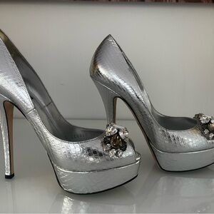 DOLCE GABBANA Jewel-Embellished Metallic Leather heels